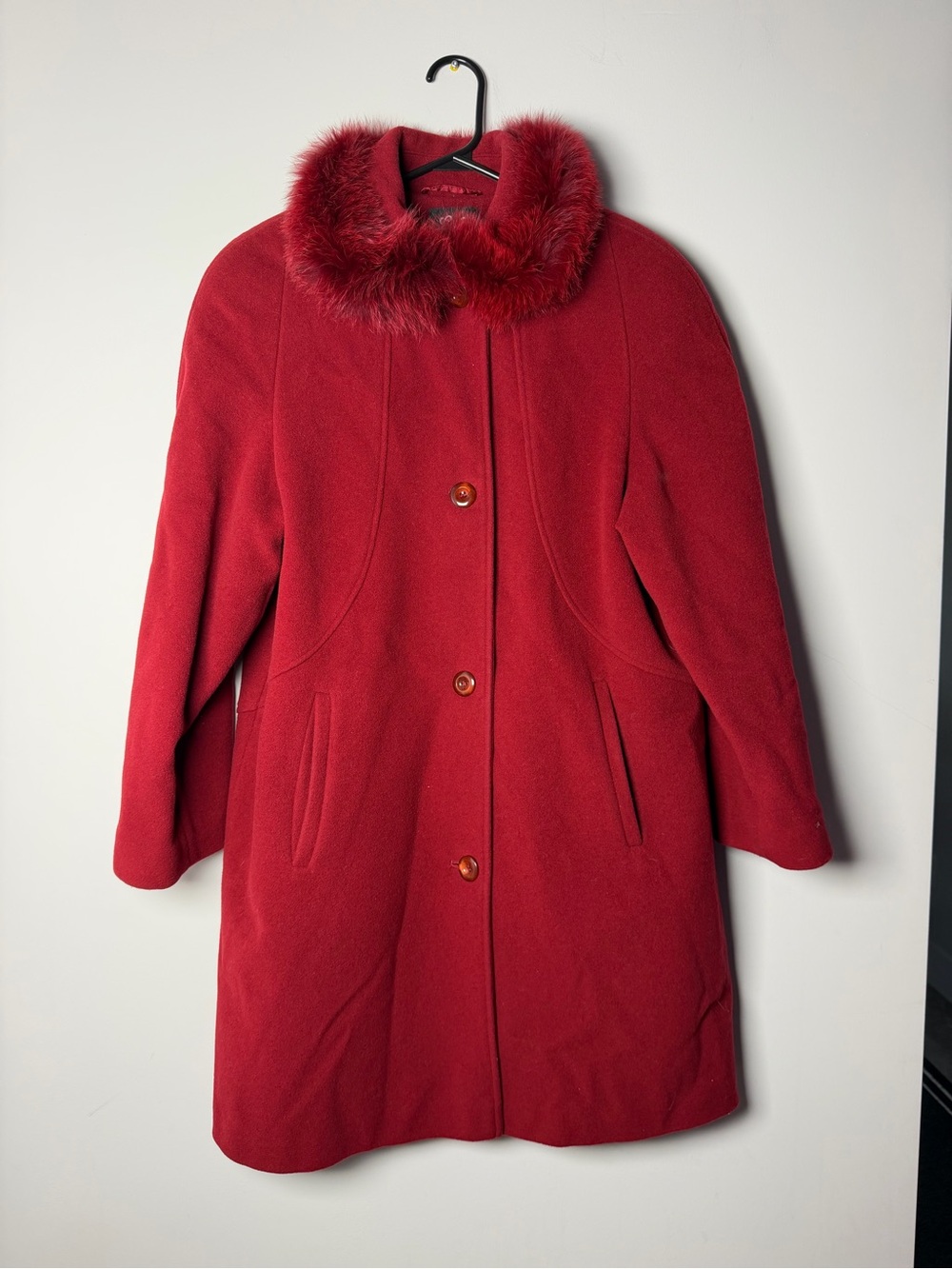 Vintage Luba Petite Long Red Coat Faux Fur Collar Wool Nylon Cashmere Women’s 8